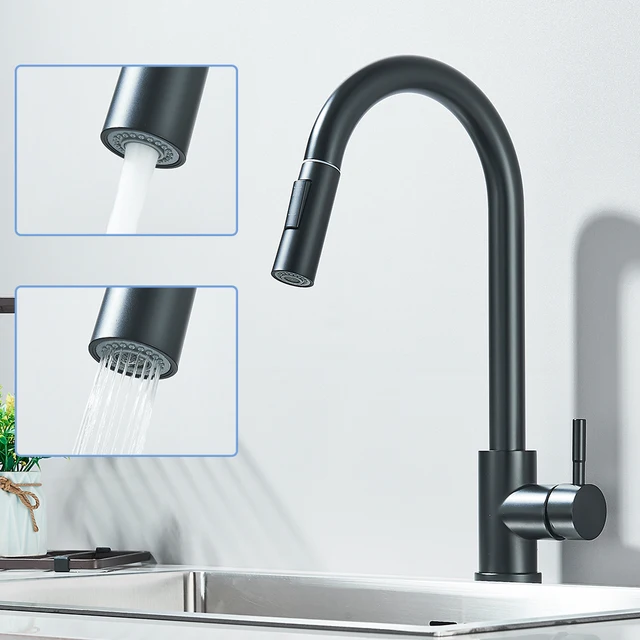 Rubinetto da cucina estraibile nero Miscelatore per lavello da cucina flessibile con acqua calda e fredda montato sul piano con ugello per modalità doccia a flusso 3