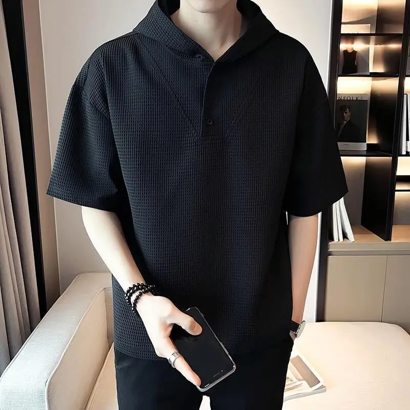 

Men's hooded short sleeved 2023 summer clothes new slim fit trend solid color half sleeved top