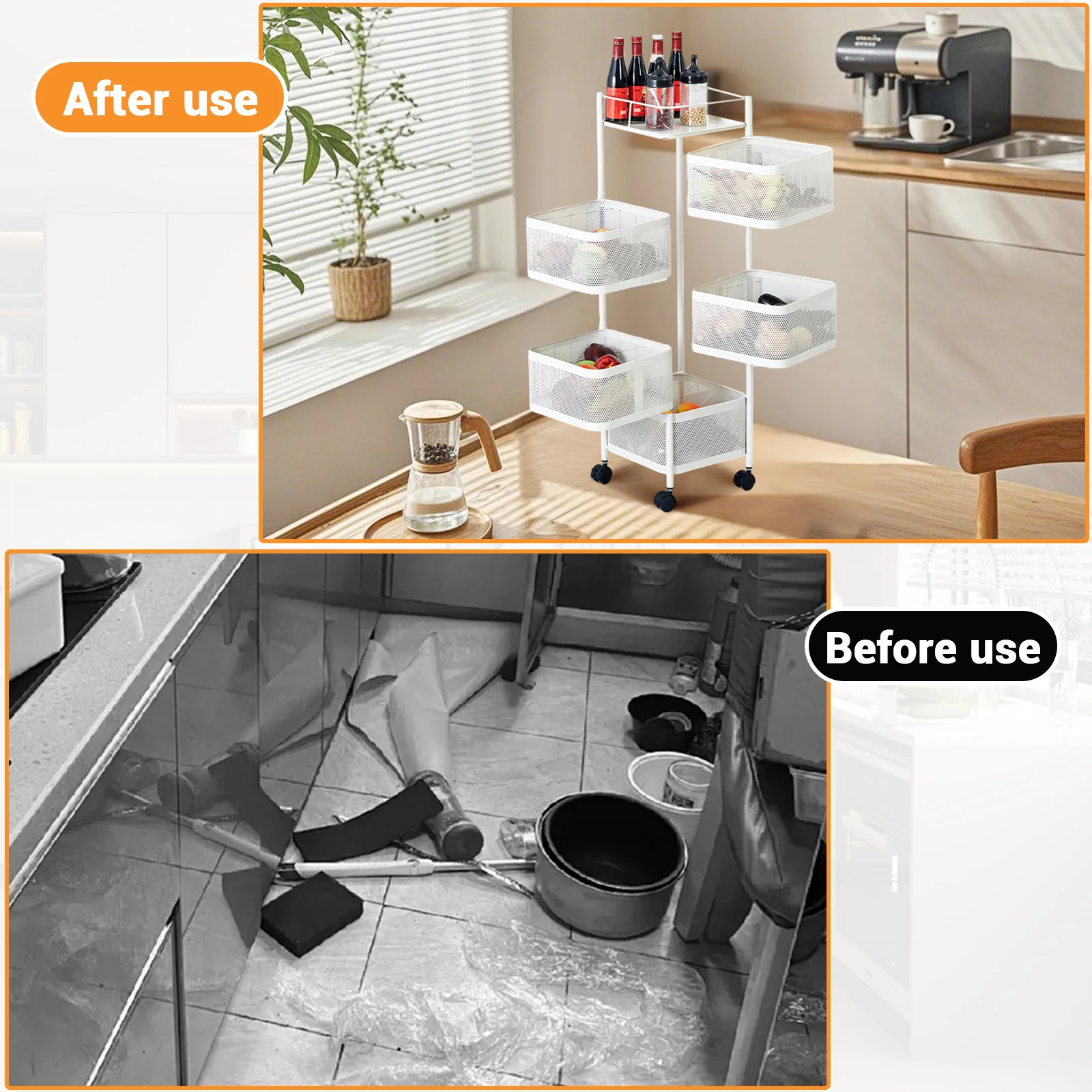 Carbon Steel 360° Rotatable Trolley Storage Rack Iron Storage Rack Kitchen Vegetable Rack Living Room Snack Storage Rack 5Layers