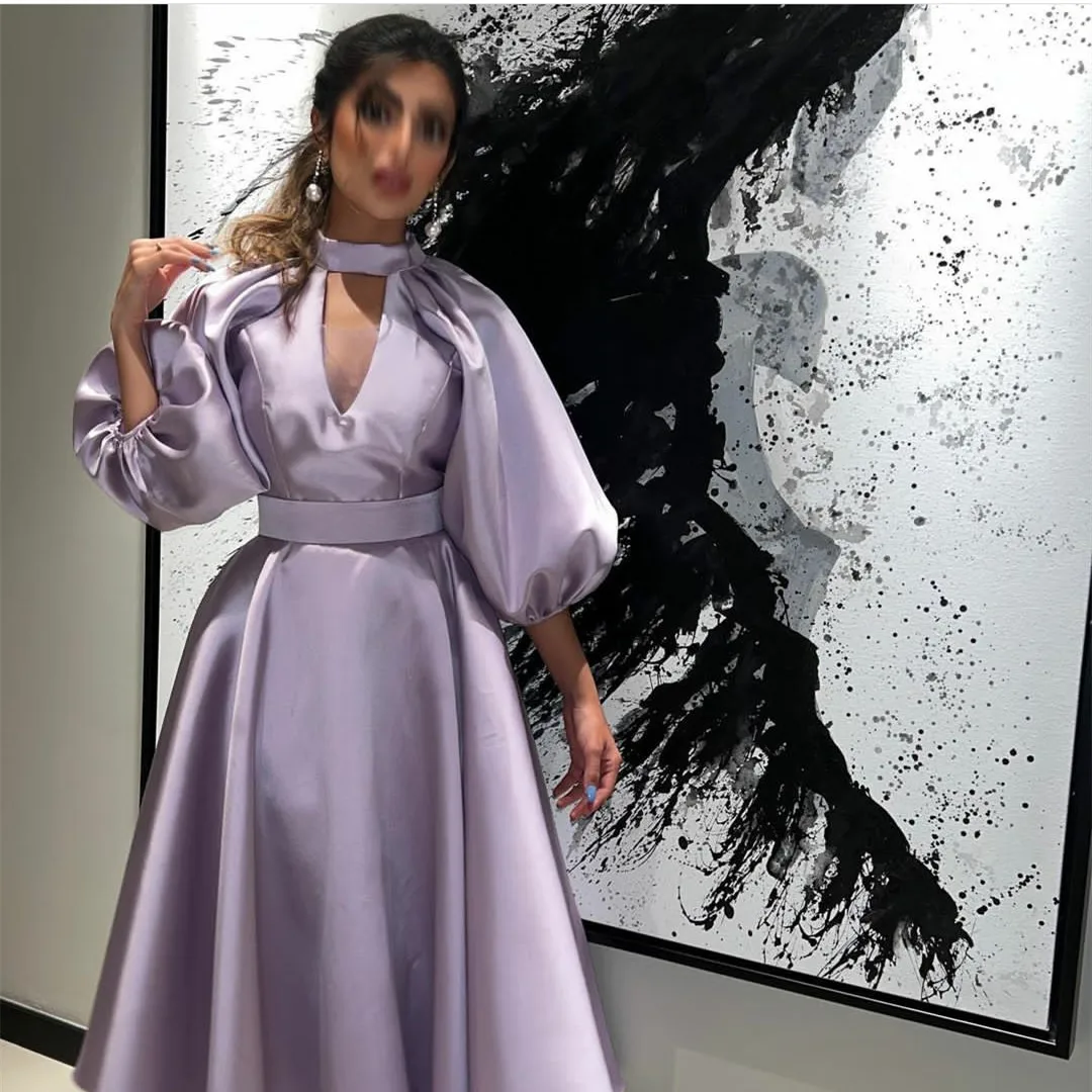 

AsaNagi Satin High Neck Cut Out Evening Dresses A Line Ankle-Length Three Quarter Puff Sleeve Prom Dress Party Gowns 2023