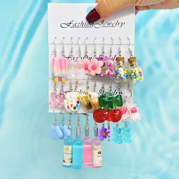 30pcs Cartoon Candy Color Matching Resin Earrings Wine Bottle Cherry Bear Color Palette Combination Set