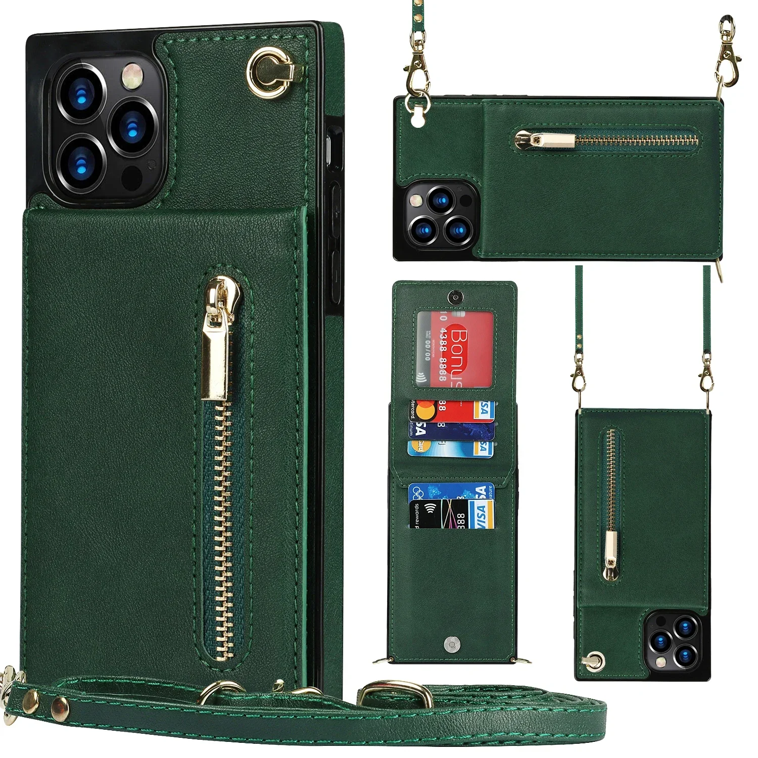 Leather Crossbody Zipper Wallet with Card Holder and Lanyard Strap