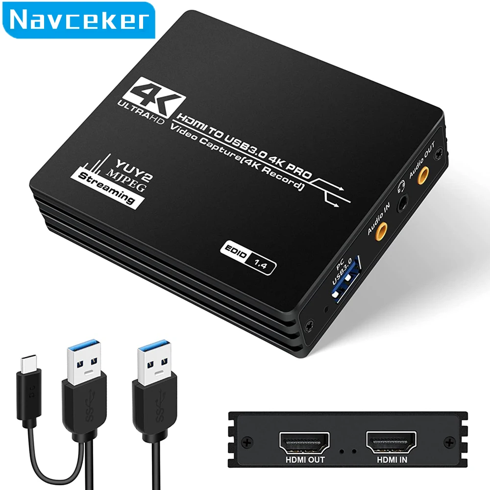 Video Capture Card Navceker 4K Pro USB 3.0 Video Capture Card HDMI-compatible 1080P 60fps HD Video Recorder Grabber For OBS Capturing Game Live