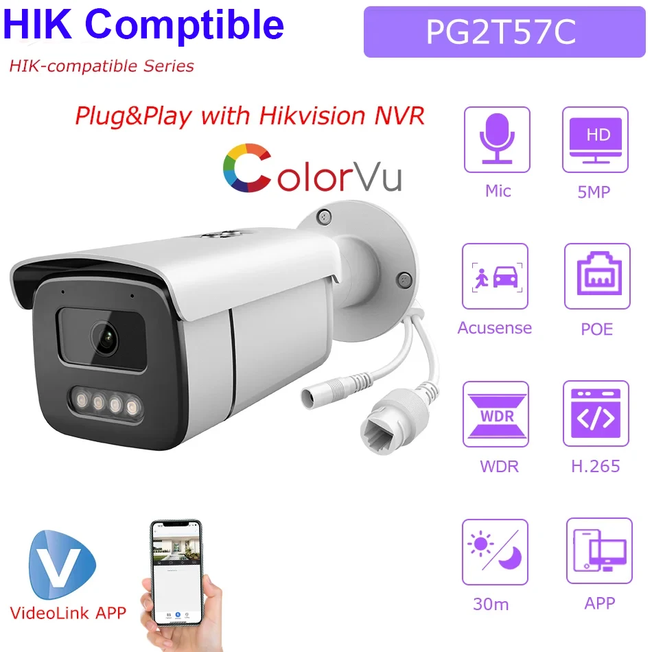 Hikvision Compatible 5MP 8MP ColorVu IP Camera Built-in Mic IR30M
