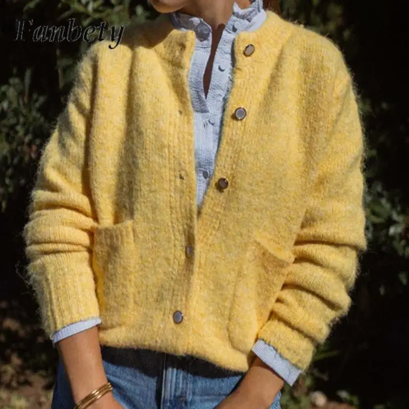 

Autumn Loose Long-Sleeved Women Sweater Elegant O-Neck Commuter Cardigan Jacket Casual Solid Single-Breasted Knitted Cardigan