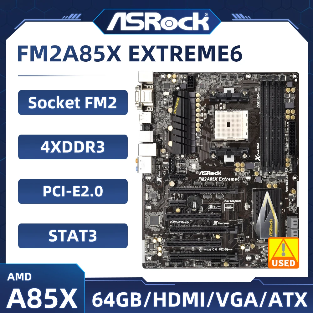 

Материнская плата ASRock FM2A85X extreme me6, разъем FM2 AMD A85X 4 × DDR3 64 Гб USB3.0 PCI-E 2,0 HDMI ATX, поддержка ЦП A8 AD660KW