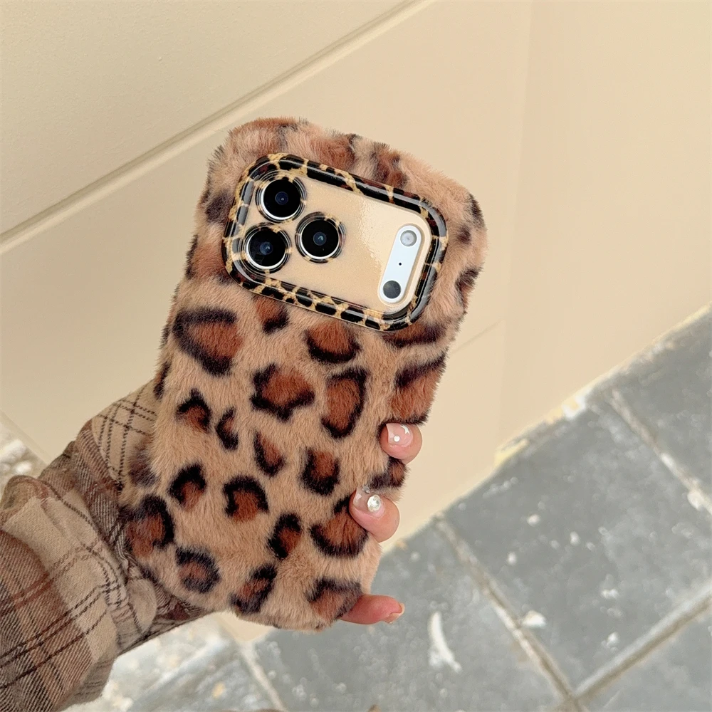 Chic Leopard Print Shockproof Furry Phone Case with Candy Colors