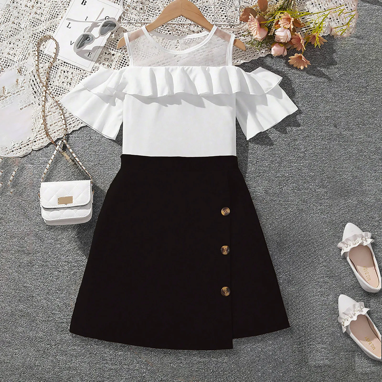 

7-11 Years Girls Lace Off The Shoulder Tops +Blouse Solid Color Button Irregular Skirt Suit Two-Pieces Fashion Girls Outfits Set