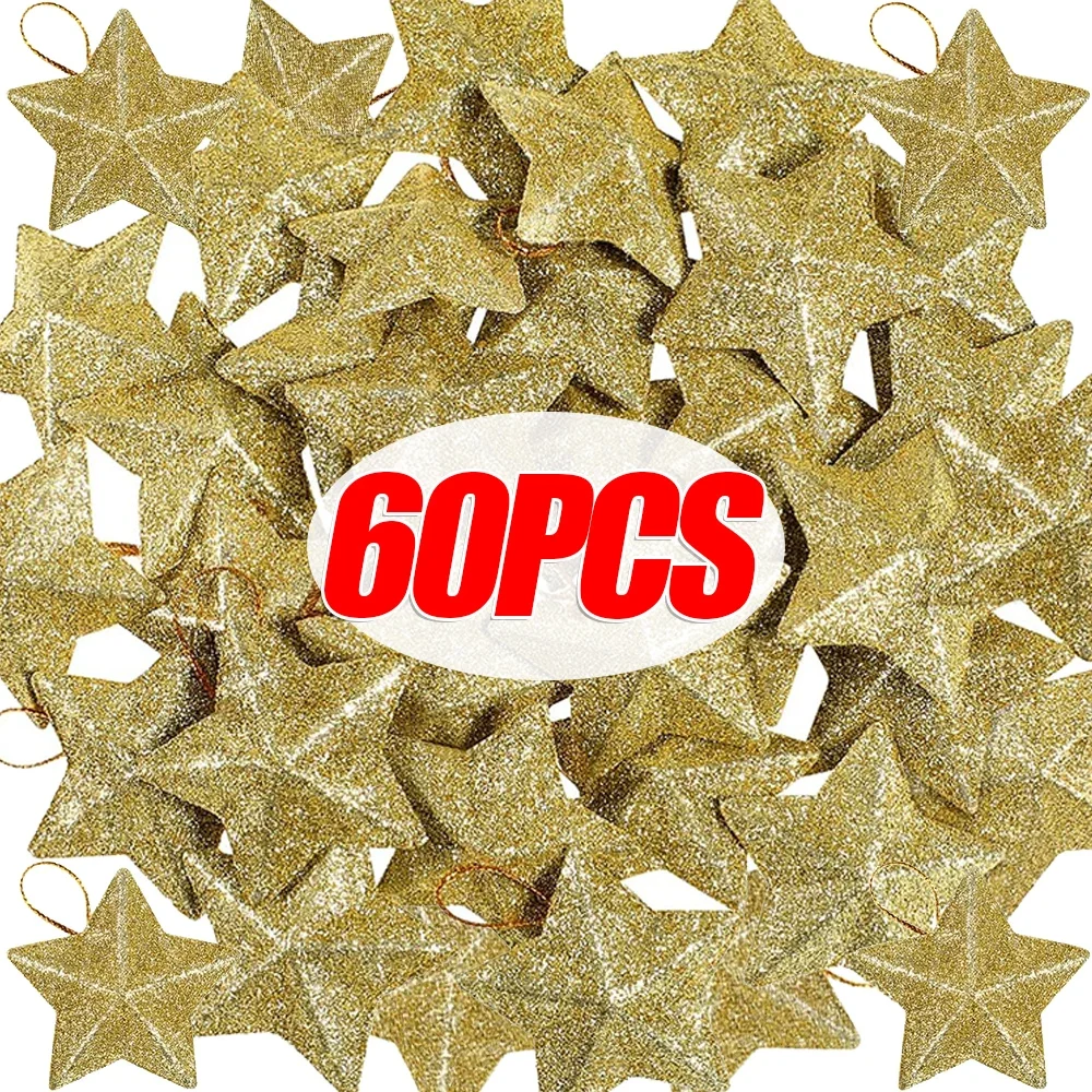 60/6x Gold Glitter Star Ornaments Christmas Tree Hanging Pendant Christmas Decorations For Home Navidad New Year Party DIY Gifts