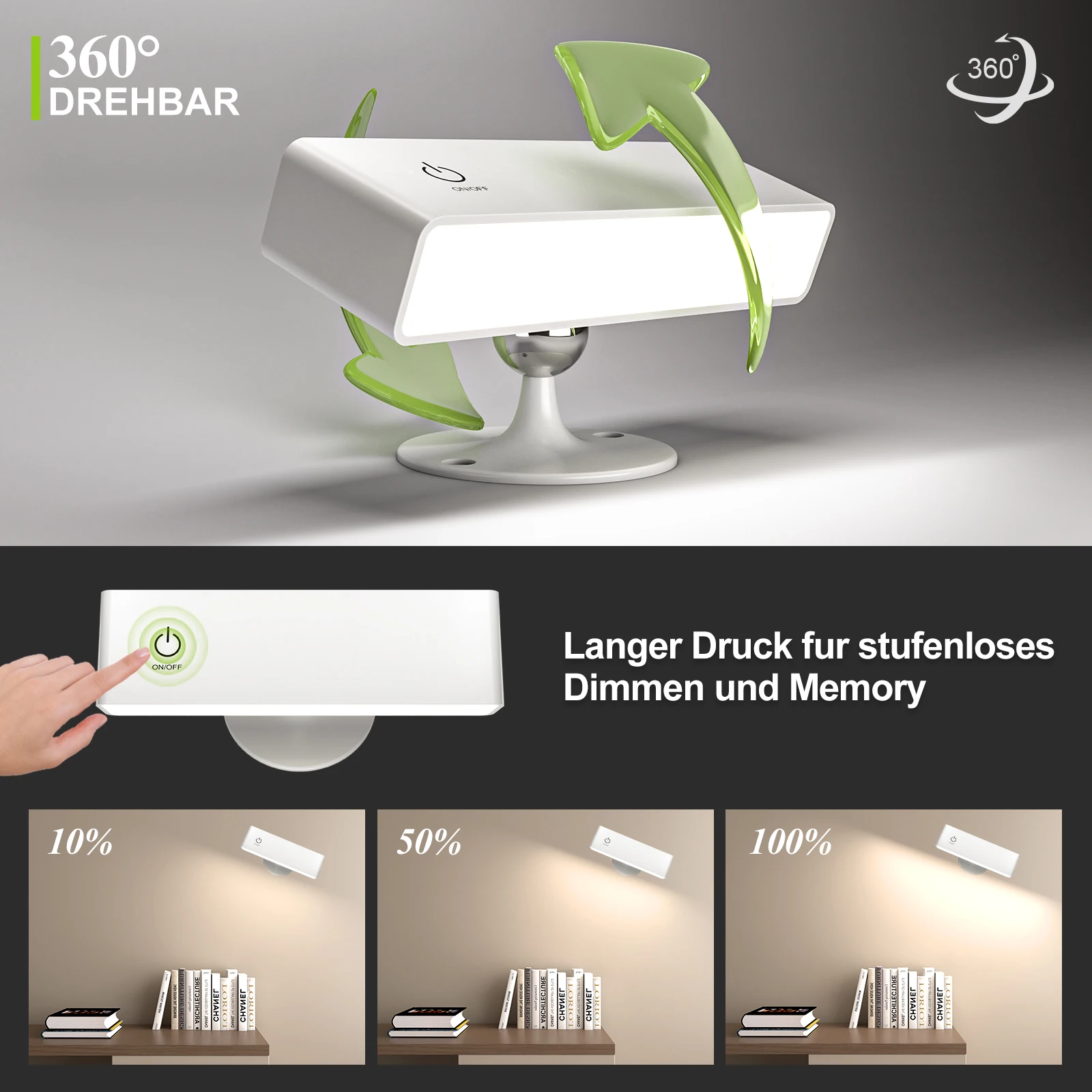 LED 벽 스콘스 조명 터치 컨트롤, 조도 조절 가능, 360 회전, 휴대용 야간 조명, 침대 옆 침실 독서등