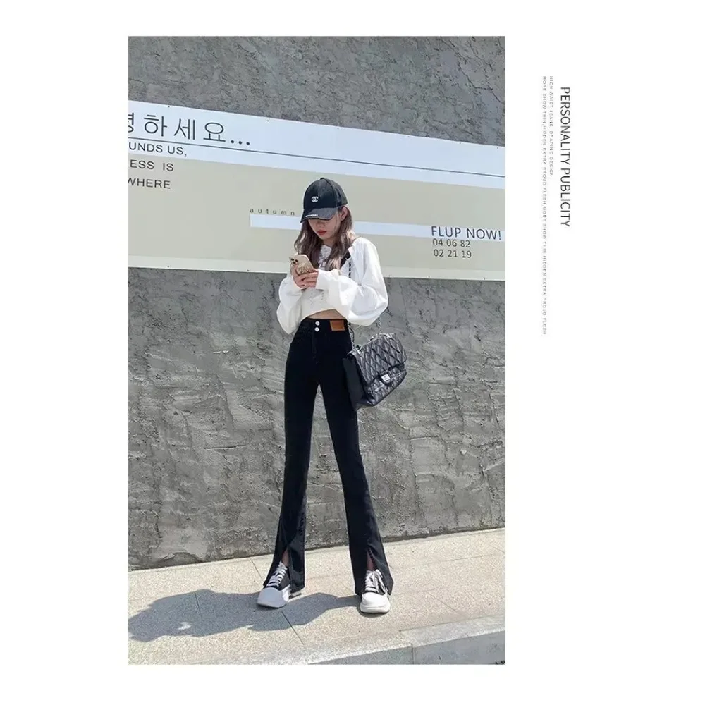 여성 하이웨이스트 슬릿 스트레이트 스트레치 청바지, 용수철 슬림 슬림 블랙, 쁘띠 마이크로 플레어 팬츠, 2024