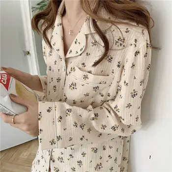 Spring New Long-Sleeved Pajamas Female Rustic Style Floral Imitation Cotton Wrinkled Cloth Loose Girls Sweet Pajamas Homewear Se