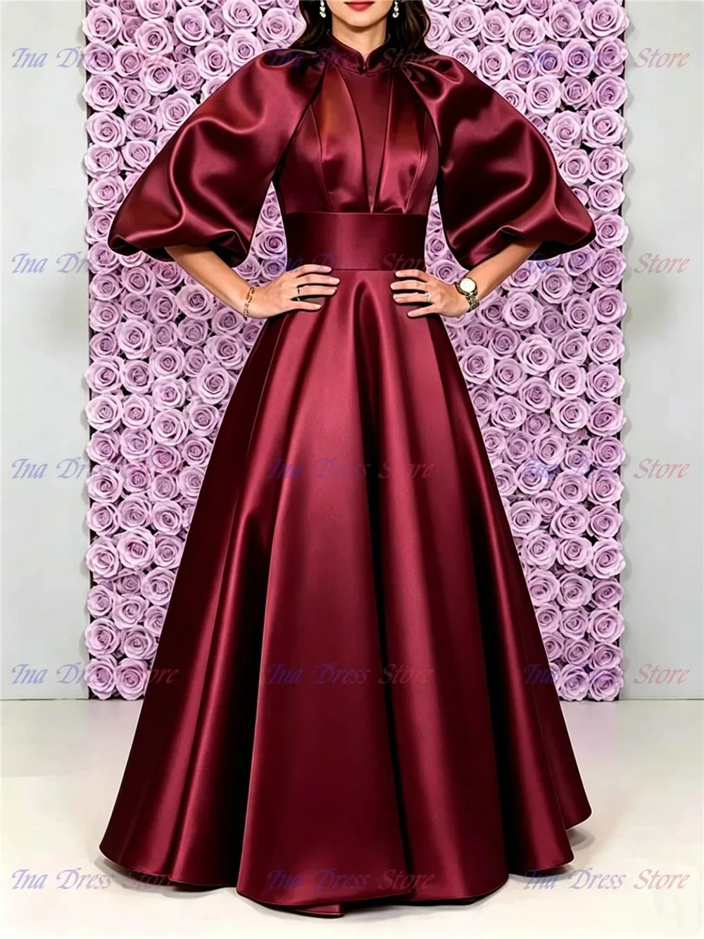 New Elegant Quality Satin Pleated Bridesmaid Dress for Wedding Vintage High Neck Balloon Sleeve Communion Party Evening Dresses - 4