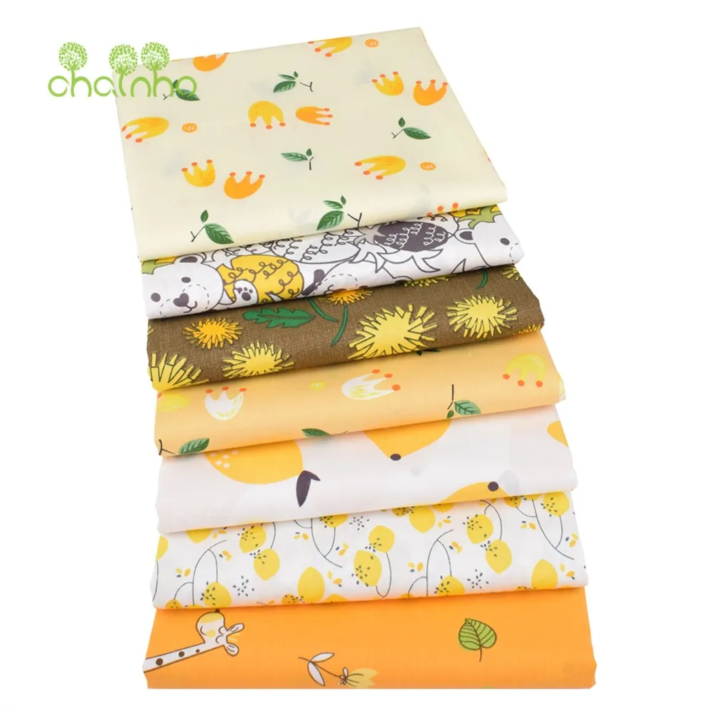 Chainho,Printed Twill Weave Cotton Fabric,Patchwork Cloth,DIY Sewing Quilting Material,Yellow Series,7 Designs,2 Sizes,CC101