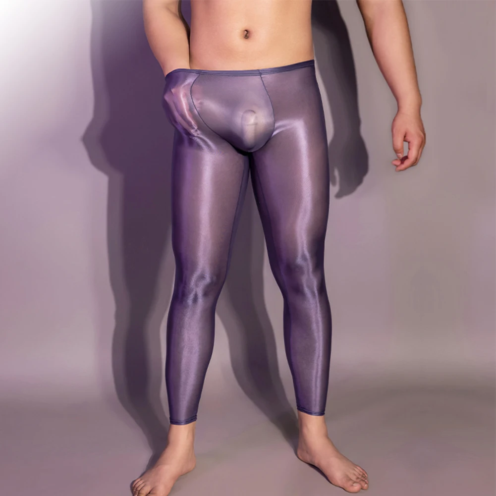 Erotic Pants Men Ultra Thin Shiny Leggings Gay Glossy Pantyhose Silky Smooth Stockings Hosiery Pouch Underwear Skinny Trousers
