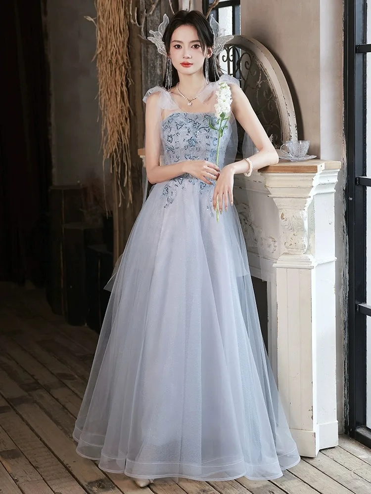 

Blue Elegant Evening Dress For women Light Luxury Flower Pattern Quinceanera Dress French Design Floor-length Gowns