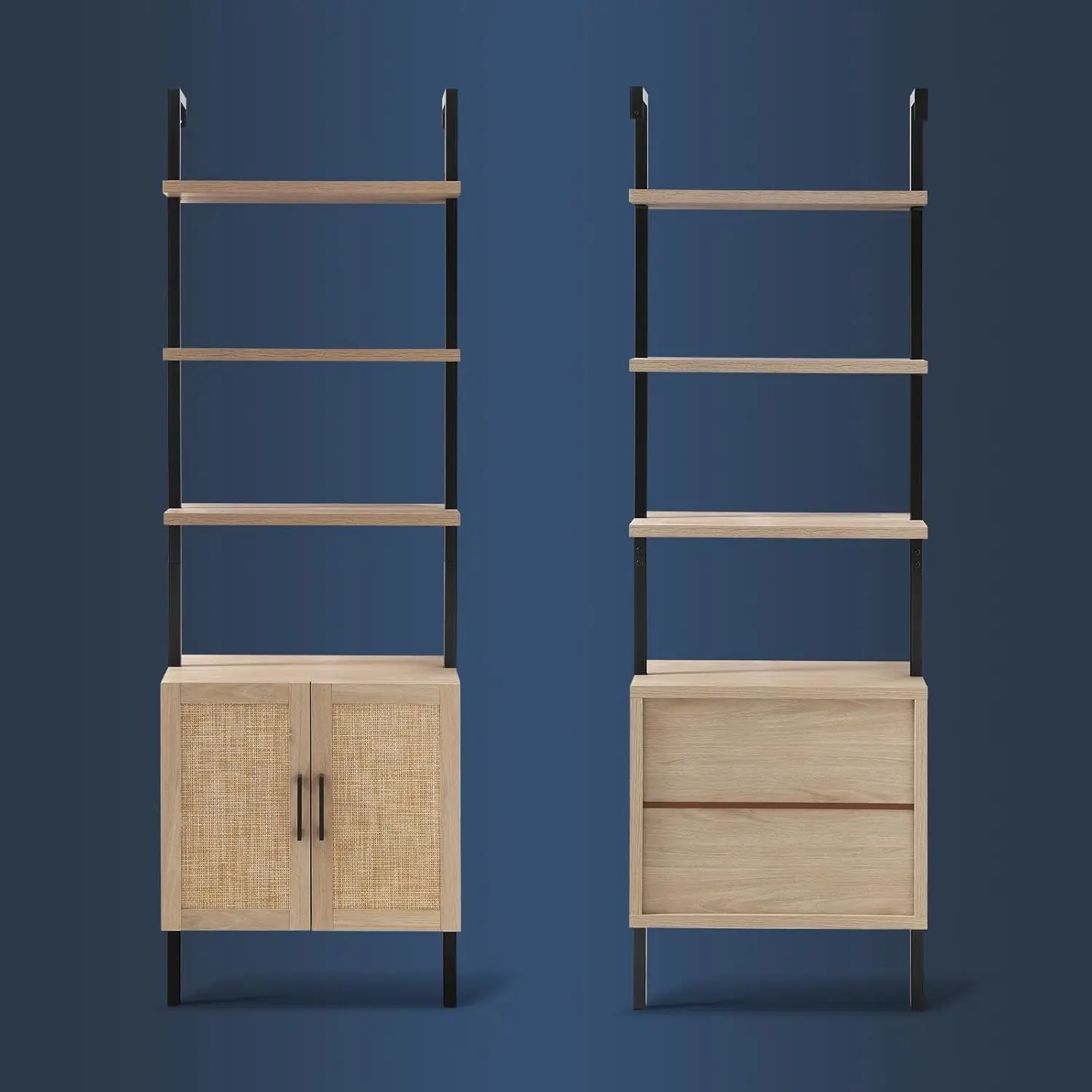 Tier Bookshelf with Rattan Cabinet, 73" Tall Bookshelf with Oak Wood Mount Bookshelves Steel Frame Pl