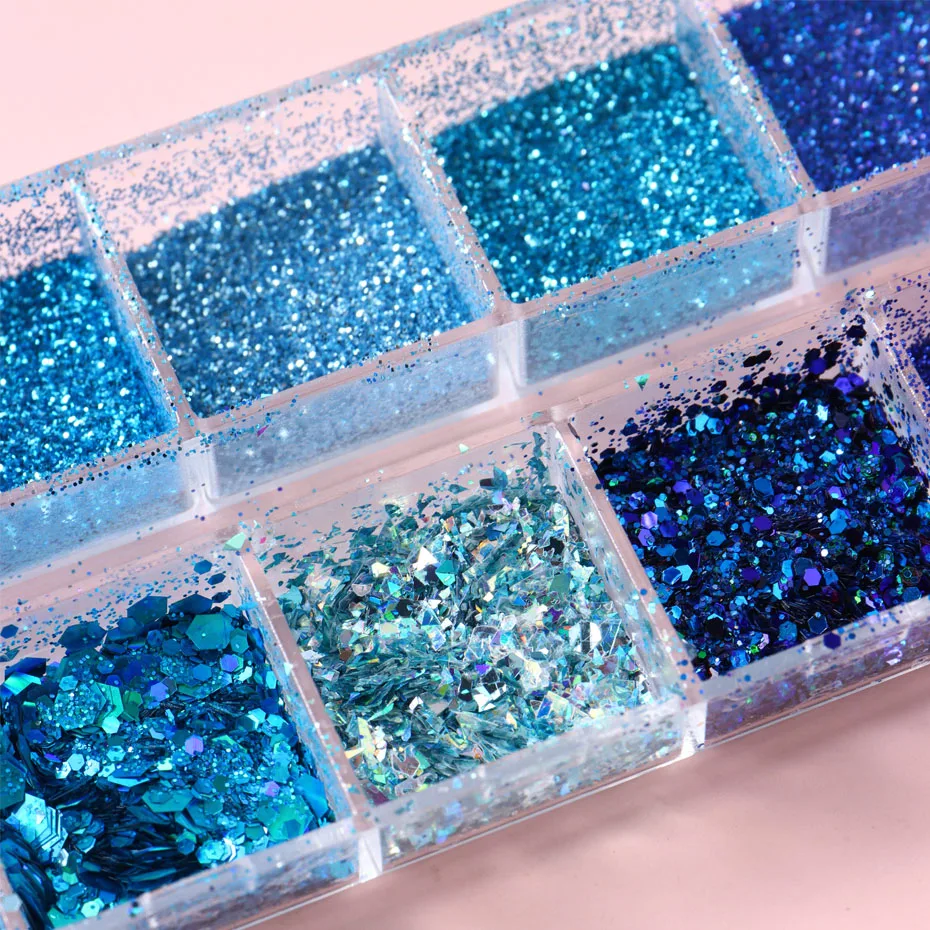 네일 참 디핑 파우더 불규칙 플레이크 스팽글 블루 파우더, 반짝이 아트 장식, 매니큐어 액세서리, 12 그리드