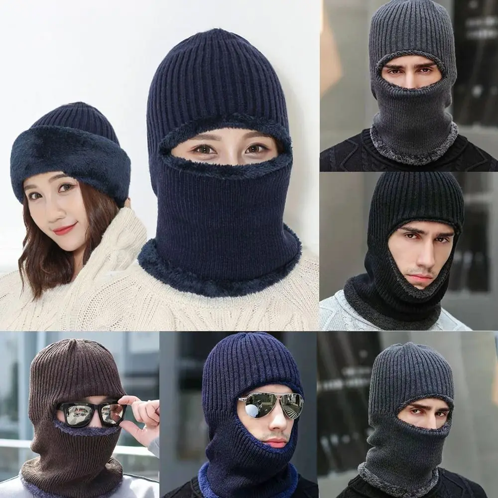 Outdoor Breathable Coral Fleece Winter Hat Beanies Balaclava Double Layers Woolen Yarn Knitted Hat Windproof Men's Hat Scarf