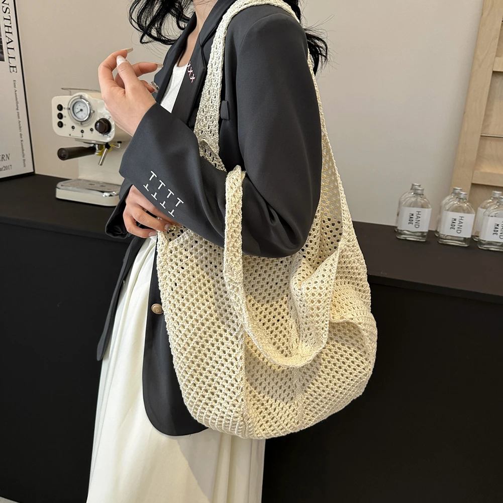 Women's Hollow Woven Shoulder Bags Large Capacity Knitting Underarm Bag Solid Crochet Tote Handbag Fashion Summer Mesh Beach Bag