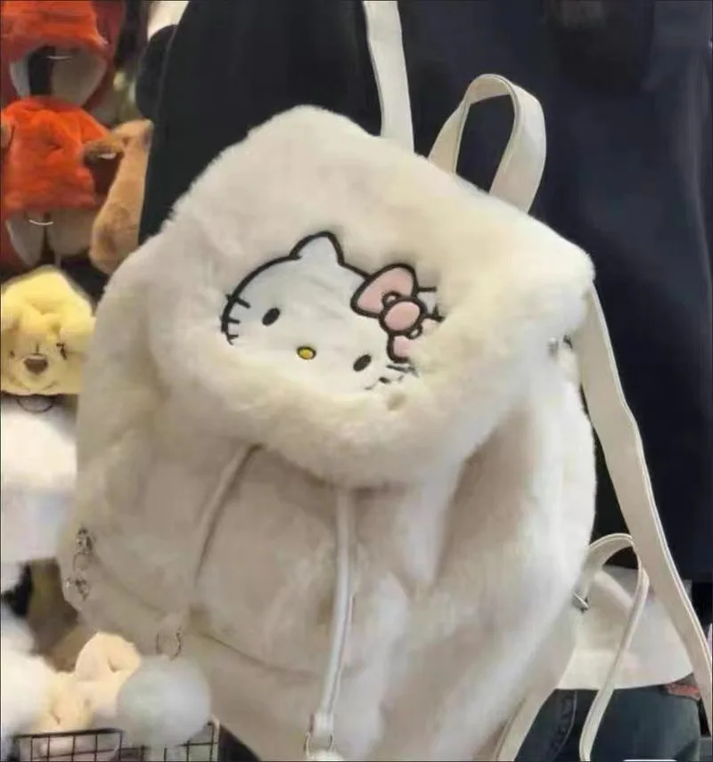 Hellos Kittys School Bag Plush Clamshell Handbag Sweet Backpack Fluffy Satchel Tote Short Trip Large Capacity Backpack for Girl