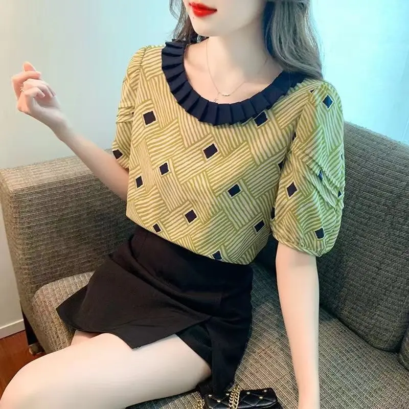 Fashion Ruffled Neck Printed Geometric Puff Sleeve Blouses Female Clothing 2024 Summer New Loose Chic Tops Sweet Chiffon Shirts