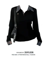 T-shirt à col polo à carreaux pour femme, manches longues, effet deux pièces, haut basique, chemisier à col en V boutonné, broderie de haute qualité 2