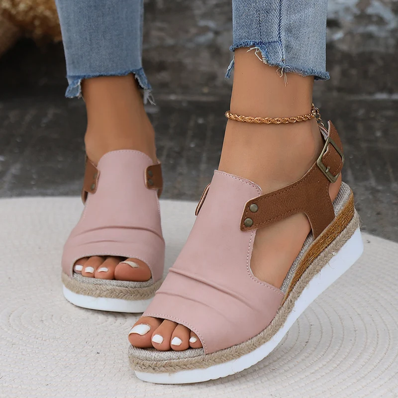 Retro Roman Women's Sandals Summer 2024 New Trendy Outdoor Walking Fish Mouth Thick Bottom Open Toe Women's High Heels Zapatos
