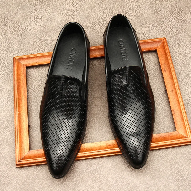 

Italian Men's Formal Shoes Luxury Genuine Leather Fashion Hollow Handmade Brand Black Elegant Wedding Social Shoes Loafers Man