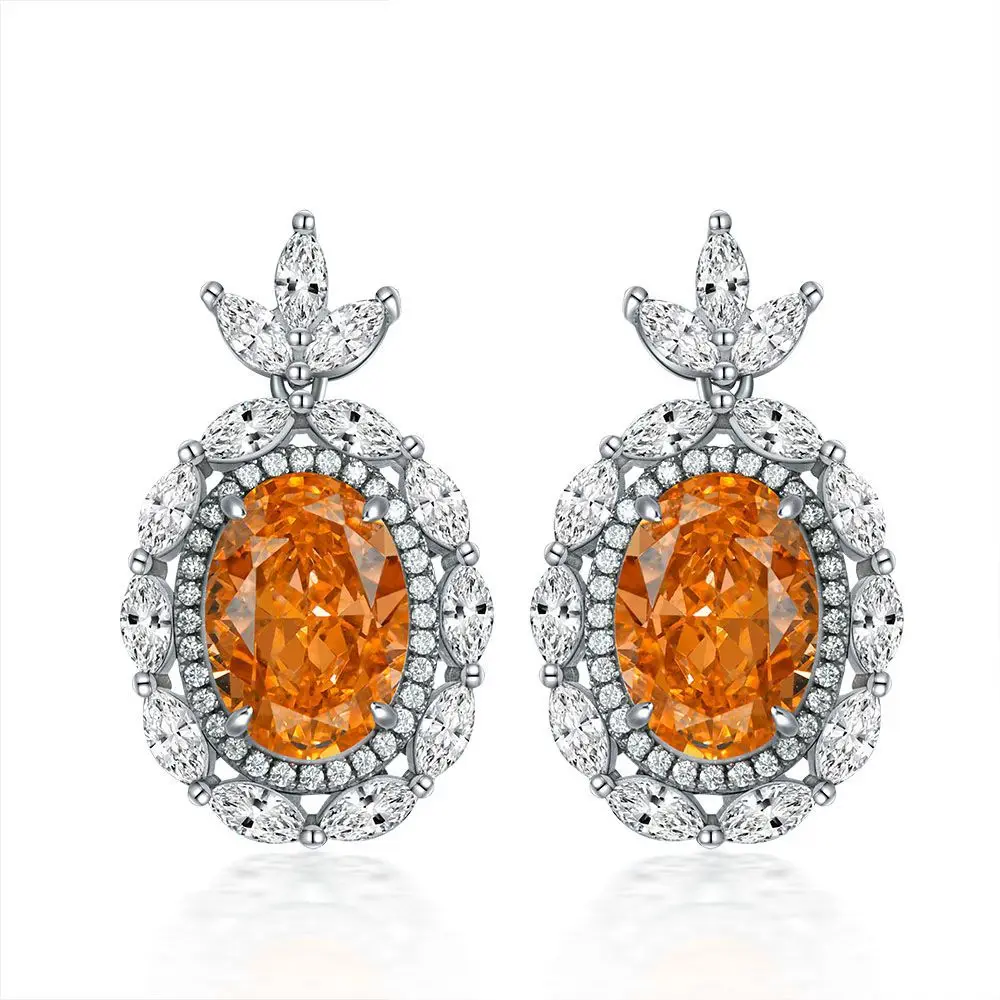 

Pure S925 Silver Egg-shaped Ice Cut Oval Orange Gem 9*13MM Stud Earrings Simple Versatile Accessories for Teens Jewelry Gifts