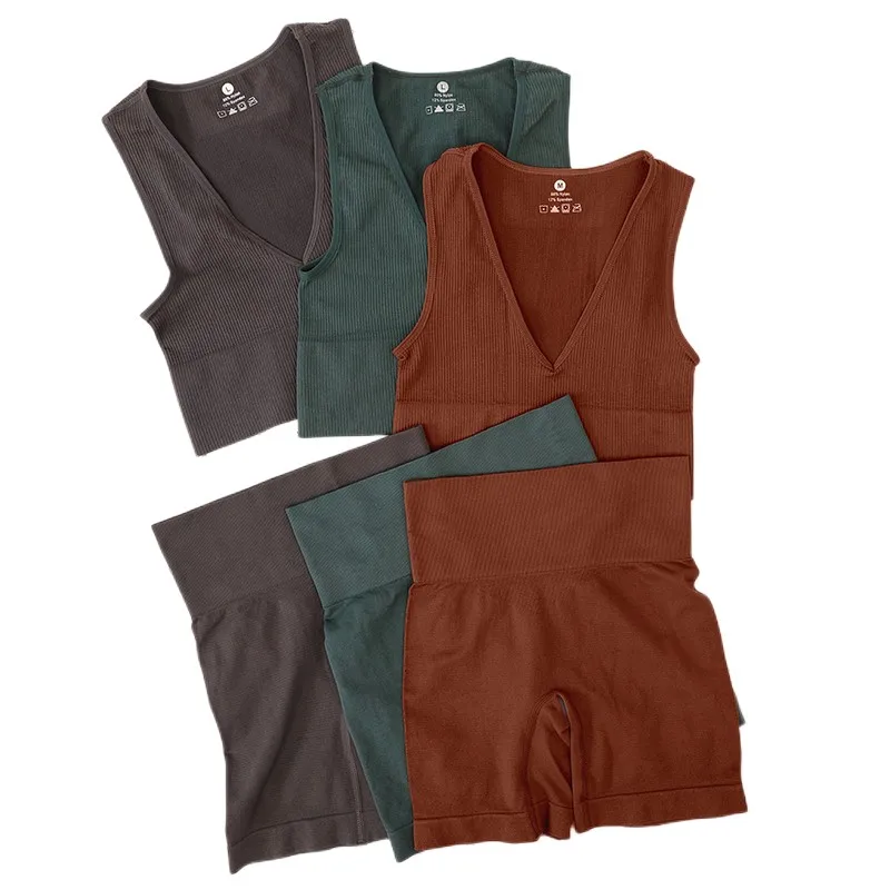 Sport Gerippte Bhs Set Frauen Nahtlose Unterwäsche Set Hohe Taille Fiess Shorts Weibliche Sexy Dessous Bralette Tiefem V Top_voghion.com