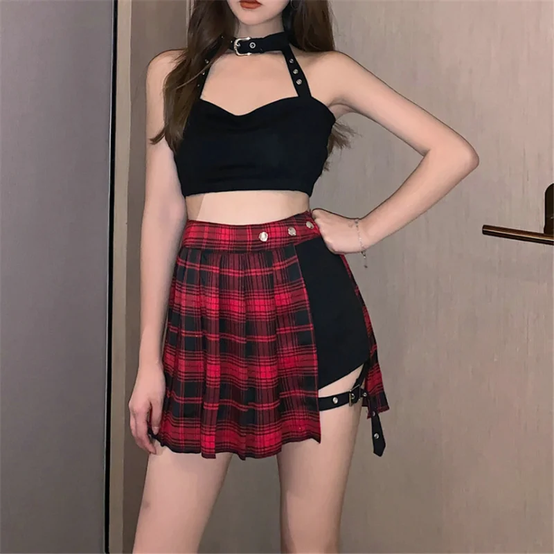 Sexy Gothic Women's Dress High Waist Irregular Pleated Punk Black Summer Dress Girls' Dress Belt Safety Pants Korean Style