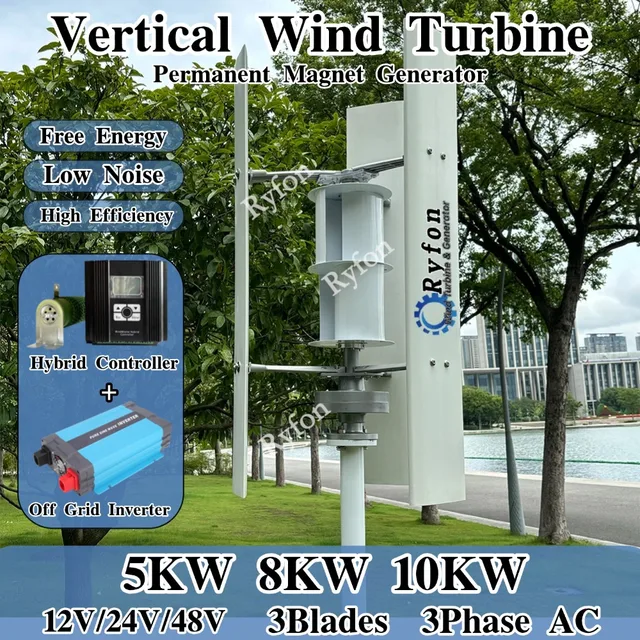 กังหันลม 3 ใบพัด 5KW 8KW 10000W 12V 24V 48V แบบตั้ง  พร้อมเครื่องกำเนิดไฟฟ้าแม่เหล็กถาวร 3 เฟส ระบบออฟกริด สำหรับตั้งแคมป์และใช้ในบ้าน 1