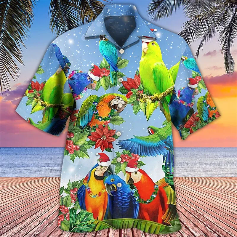 thumbnail image 1 of Camisa hawaiana de manga corta con estampado floral de loro en 3D de verano para hombre, blusa de moda con un solo pecho para hombre, 1 of 5