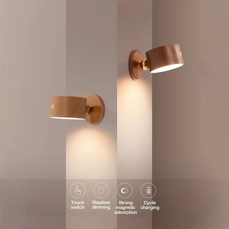 USB 충전식 LED 벽 조명 램프, 회전식 장착 마그네틱 볼 조명 터치 스위치 무단 조도 조절 가능 독서 램프