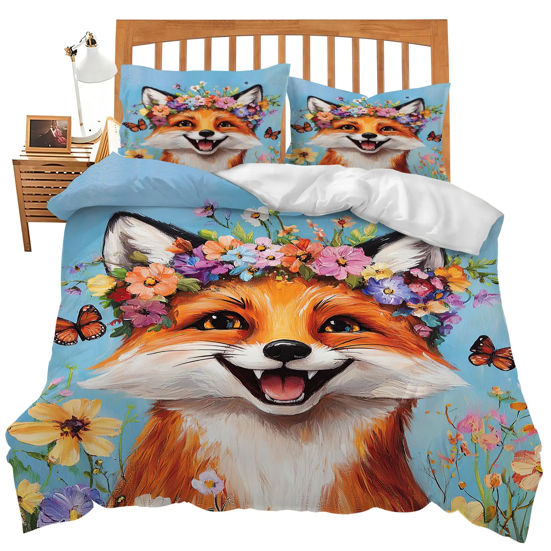 Fox Duvet Cover Set Animal Fox Bedding Set Full Size Cute Animal Pattern Printed Comforter Cover Sets for Kids Teenagers Adults 6
