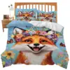 Fox Duvet Cover Set Animal Fox Bedding Set Full Size Cute Animal Pattern Printed Comforter Cover Sets for Kids Teenagers Adults 6