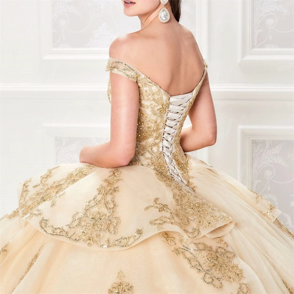 Sparkle Tulle Stone Accents Lace Appliqued Off-Shoulder Quinceanera Dress Cocktail Dresses Vestidos De Baile Gathered and Layere