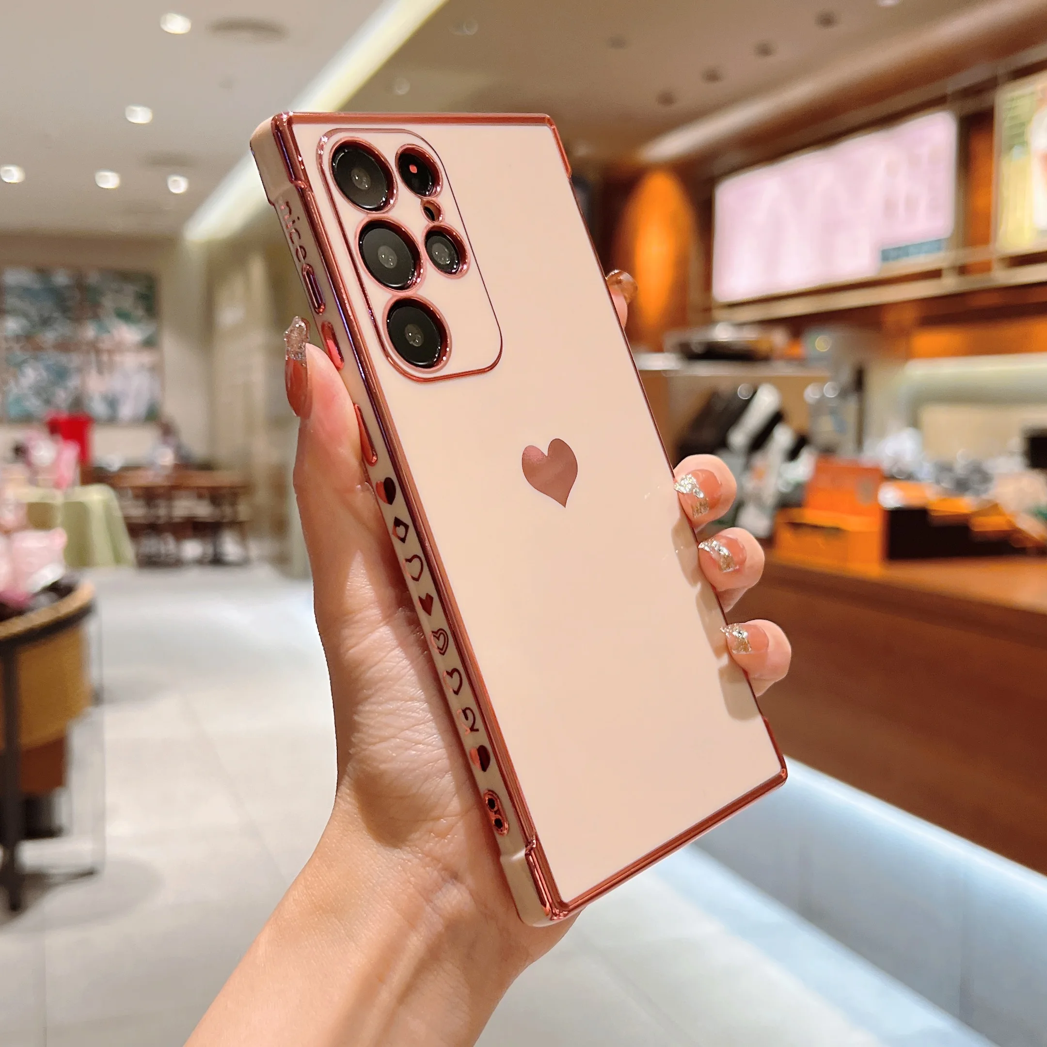 Elctroplatd Lov Hart Phon Cas For Samsung Galaxy S22 S21Ultra A53 A52 A12 A13 S20FE Cut Sid Pattrn Soft TPU_voghion.com