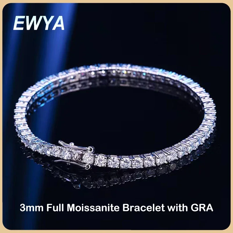 EWYA 925 Sterling Silver Moissanite Bracelet 0.1ct 3mm D VVS1 Diamond with GRA for Women Sparkling Wedding Party Fine Jewelry