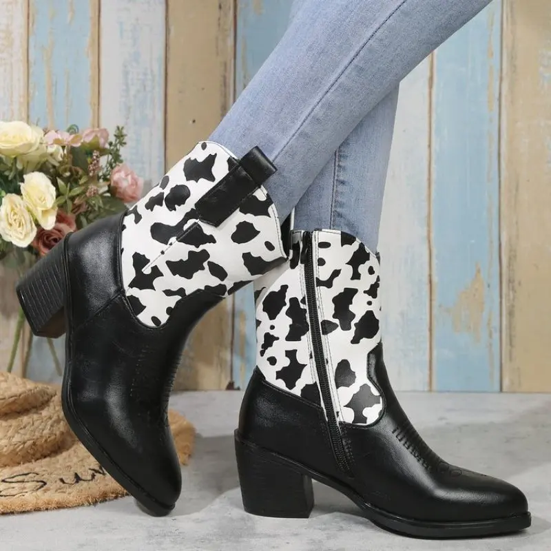 Cowboy Boots for Women Embroidered Pointy Toe Square Heeled Knee-high Western Cowgirl Boots Women Shoes Comfymfy Black white New