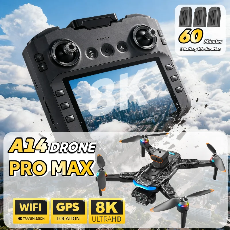 A14 Pro Max Drone con 3 batterie Brushless 8K Doppia fotocamera Evitamento ostacoli Pieghevole Quadcopter RC Schermo Distanza Drone Giocattoli - immagine 4