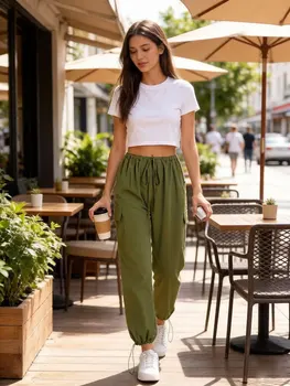 Women Cargo Pants High Waist Wide Leg with Multi Pockets Drawstring Waistband Cuff Joggers Loose Fit Casual Trousers Army Greens