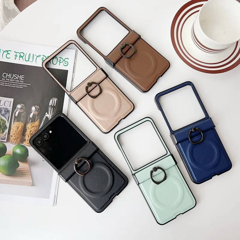 360 Rotating Magnetic Wireless Charging Leather Phone Case with Ring Holder and Hinge Protector