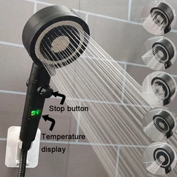 Temperature Digit Display Shower Head 5 Modes One Key Stop Handheld Shower High Pressure Water Saving Filter Bathroom Showerhead