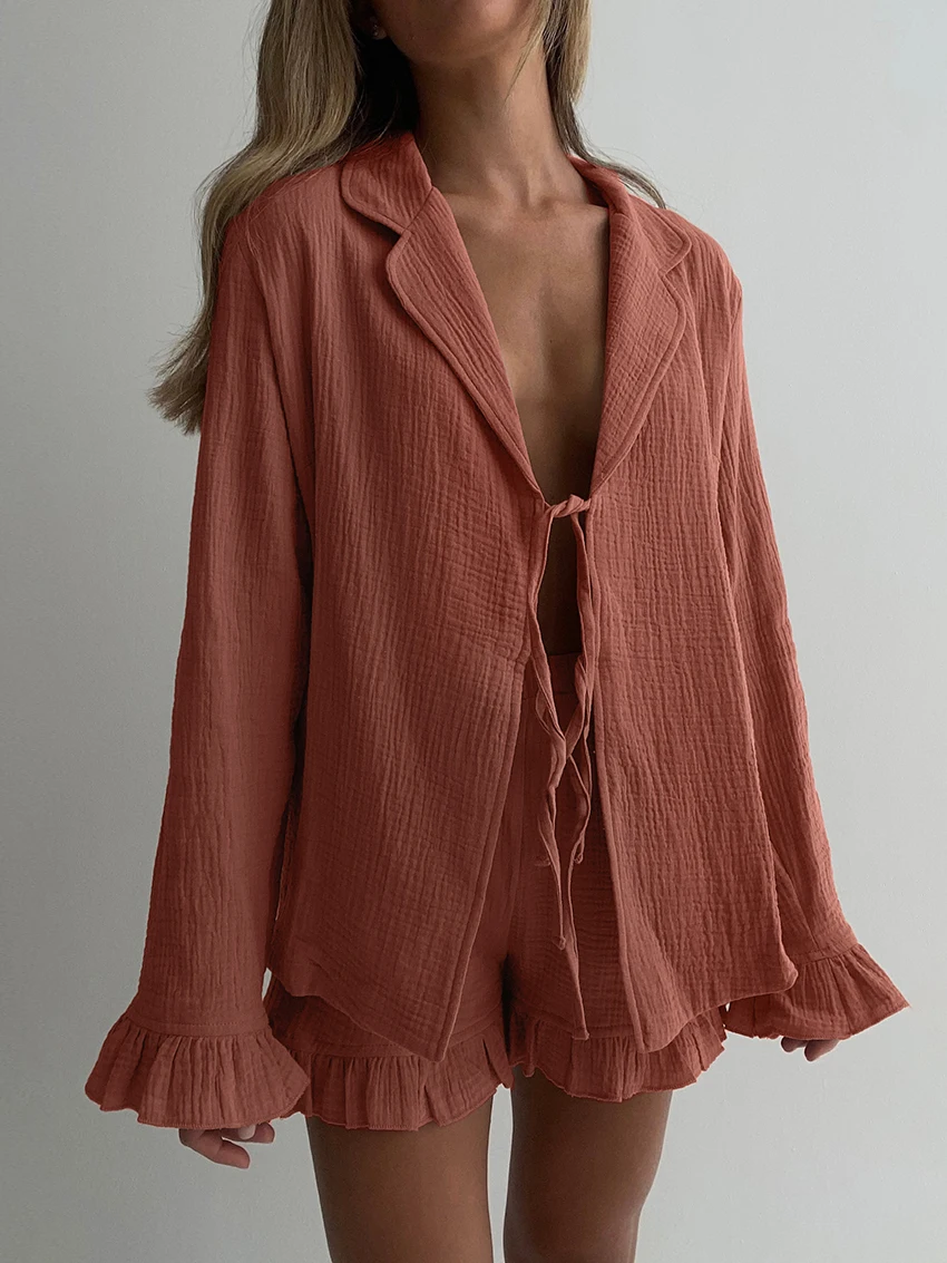 Marthaqiqi Home Clothes Women Sexy Turn-Down Collar Sleepwear Long Sleeve Nightgowns Lace Up Pajama Shorts Casual Nightwear Suit