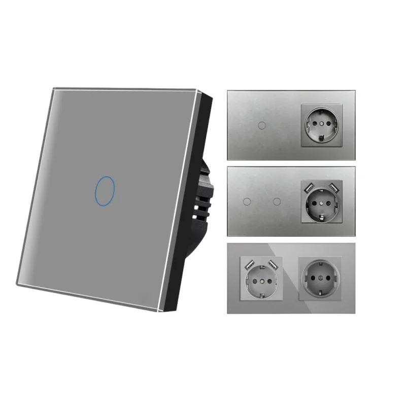 Padrão Cinza Vidro Temperado Toque Interruptor de Luz Usb c Soquete Interruptor de Parede on e Off Circular Bottom Box Dual Outlet 220v ue