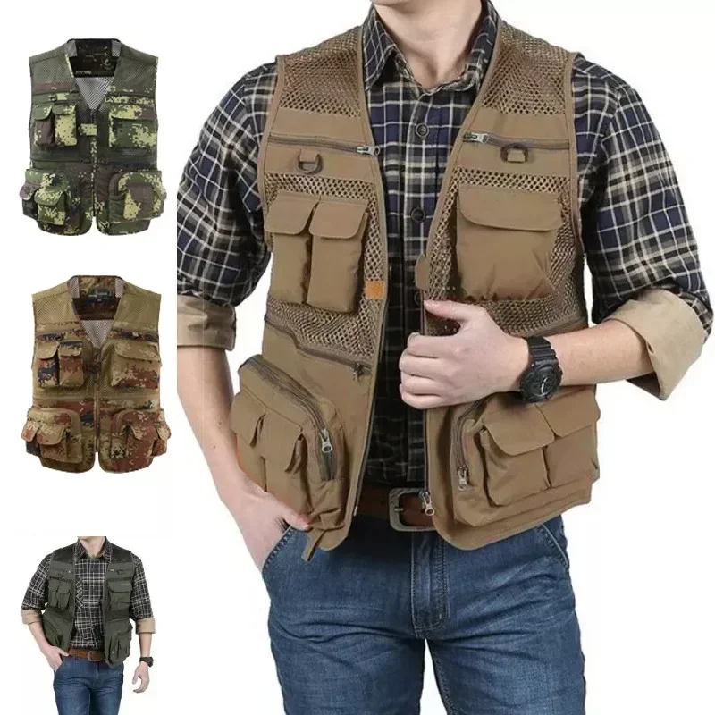 Veste de pêche sans manches homme multi-poches respirante mesh pour été et randonnée