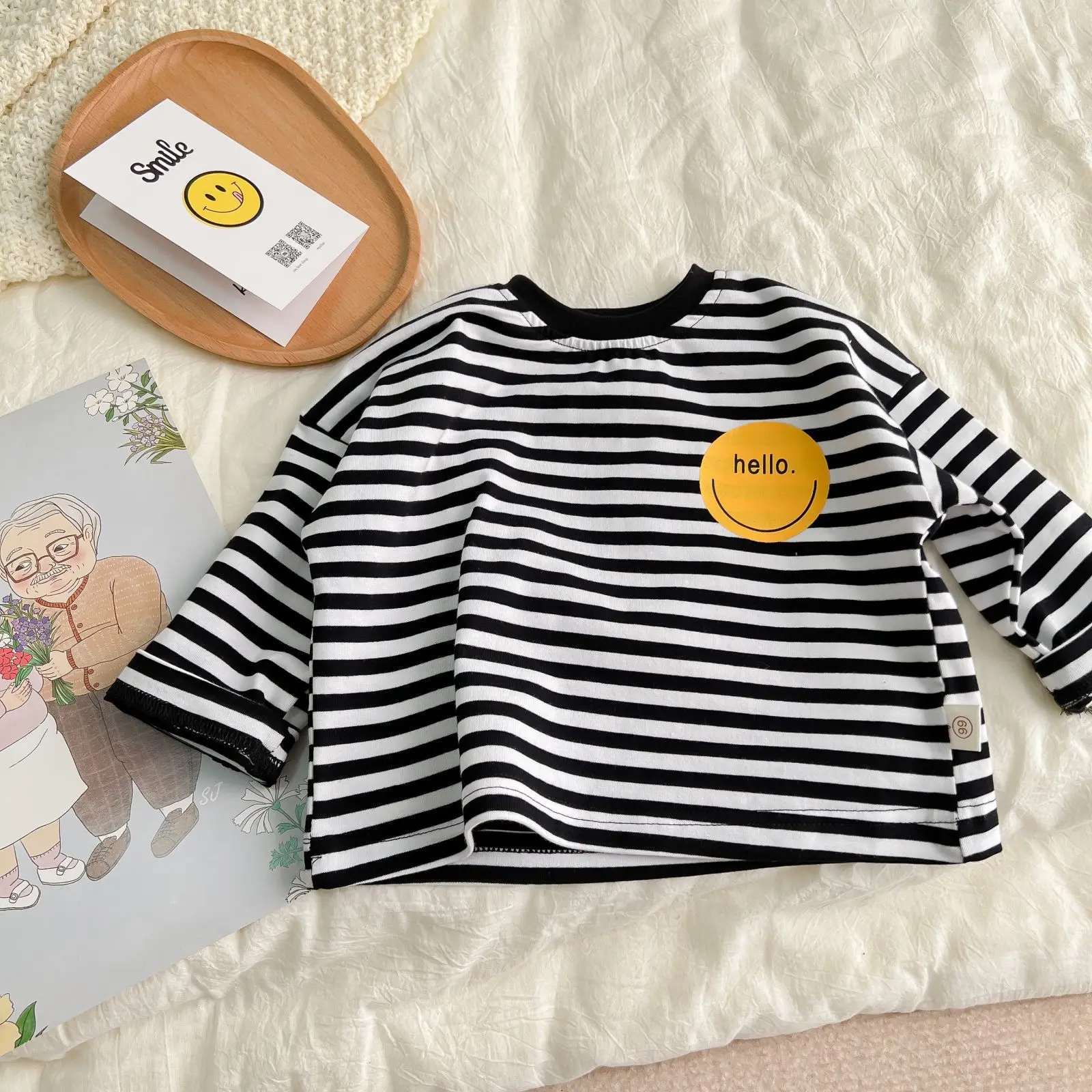 1163A Baby Clothes Stripe T Shirt Spring Autumn New Smiling Face Baby Boy T Shirt Stripe Casual Girl T-shirt Tops