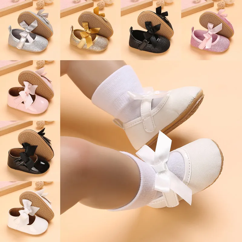 Baby Birthday Party Shoes Infant Toddler Bowknot Non-Slip Rubber Soft-Sole Flat PU First Walker Newborn Bow Decor Mary Janes classic infant shoetoddler bow non slip rubber flat soft sole pu first walkers baby girl shoes newborn